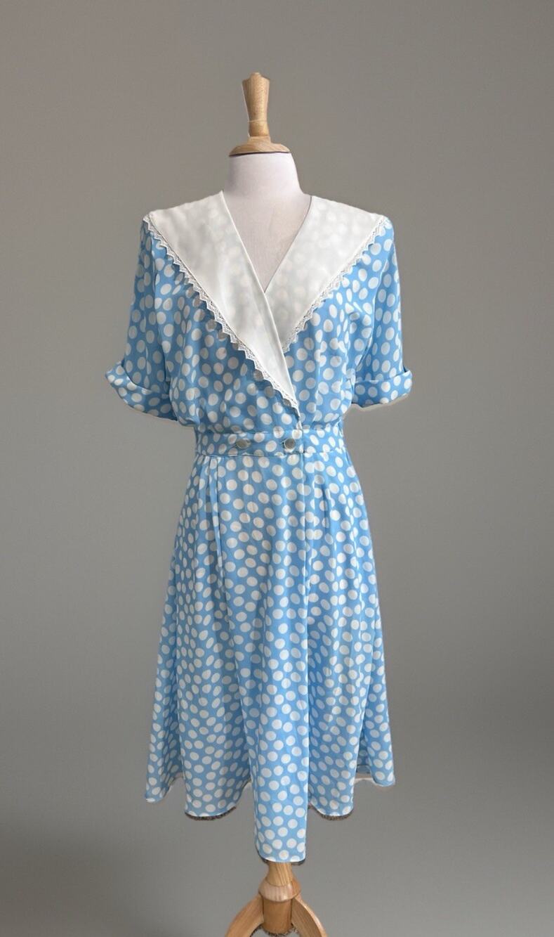 Vintage SUNSHINE STARSHINE 80's Blue White Polka Dot Trad Wife Midi Dress L